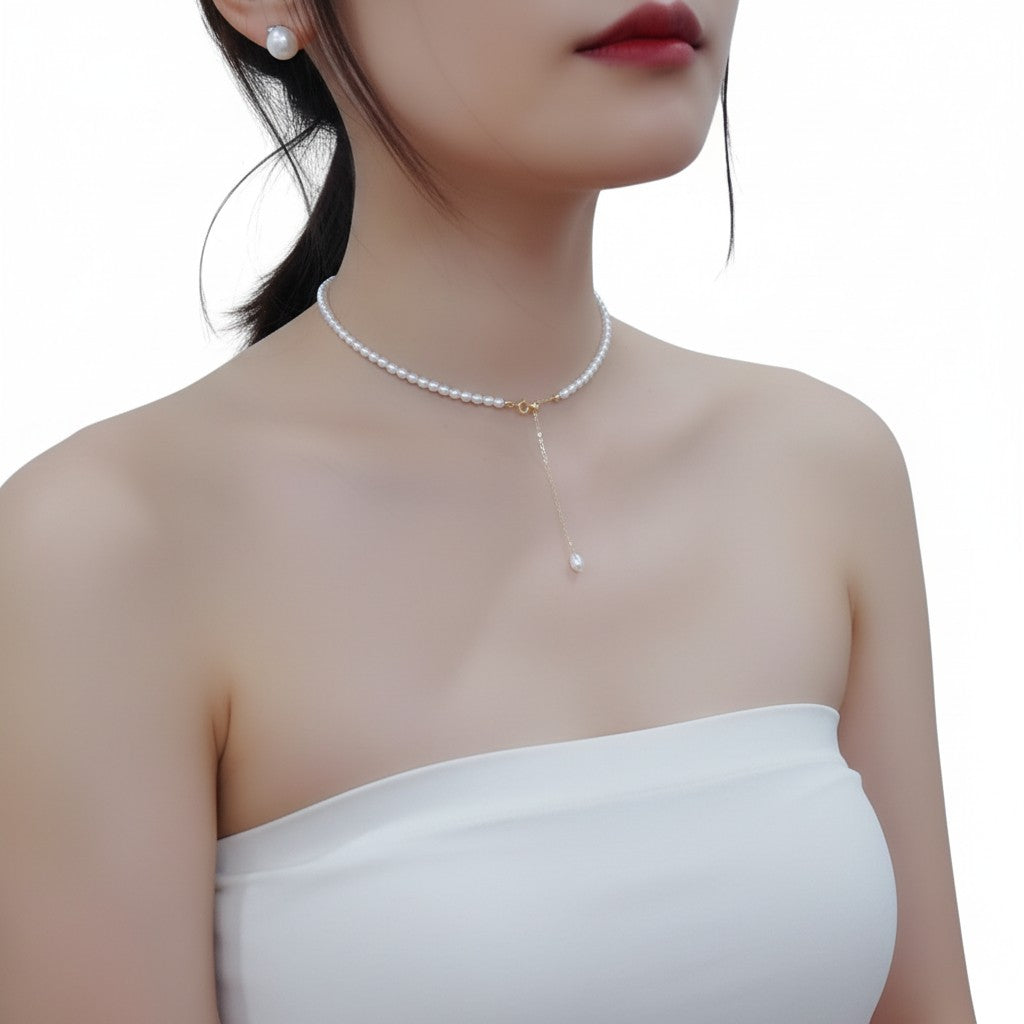 14K Gold Filled Lucine String Of Rice Pearls Necklace